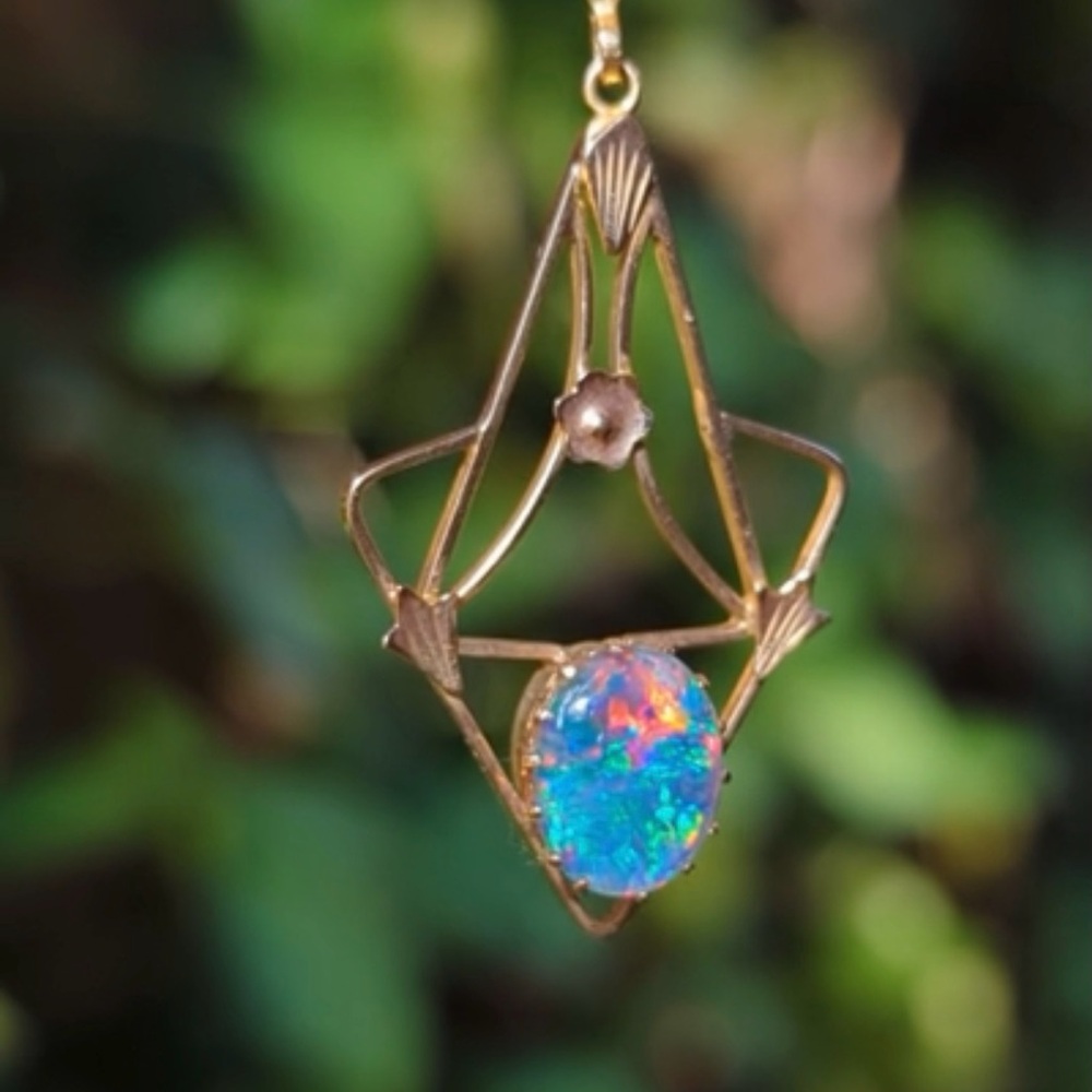 Antique Art Nouveau Australian Opal Triplet Lavaliere Pendant 9K Gold Art Deco - Picture 6 of 15